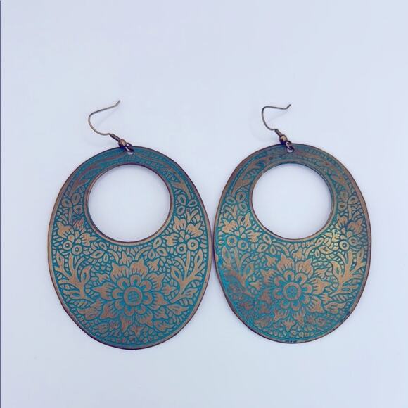 Francesca’s Boho Chic Teal and Bronze Floral Hoop Earrings - Picture 2 of 7